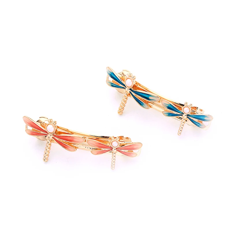

ts00278 Gold Plated Trending On Instagram Two Enamel Dragonflies Charm Hair Clip Accessories Jewelry For Girl