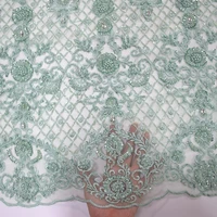 

Luxury french mint green heavy crystal pearl beaded lace fabric with sequins embroidered tulle bridal lace fabric HY0937-3