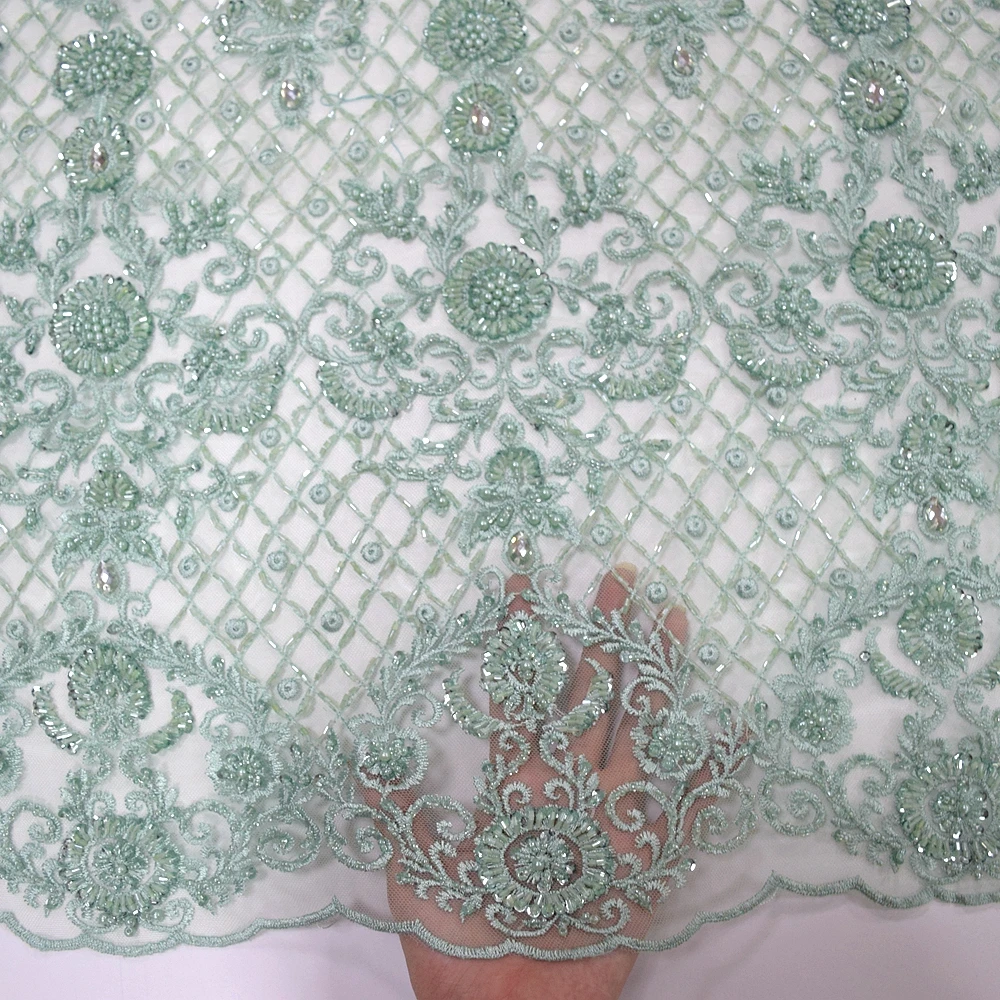 Luxury French Mint Green Heavy Crystal Pearl Beaded Lace Fabric With ...