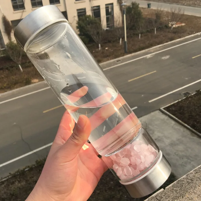 Custom Natural Pink Crystal Glass Water Bottle Rose Crystal Gravel Water Bottle