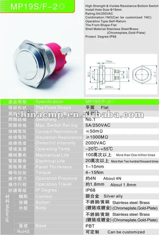 Export the anti vandal push button 19 mm, 12 v 220v 250v switch