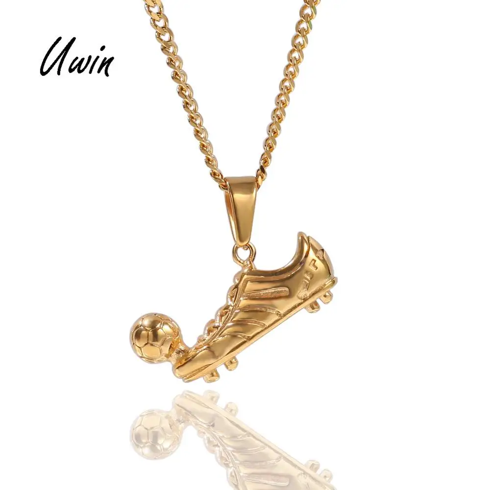 

Wholesale Mini Gold Stainless Steel Football Shoes Pendant Hollow Cuban Link Chain Necklace Jewelry Pendant Charms for Men