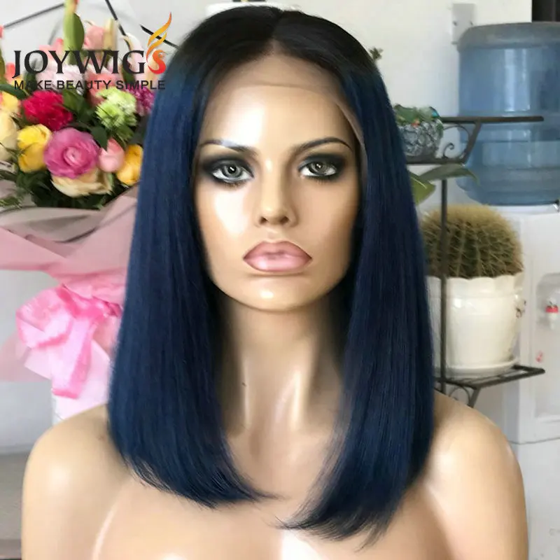 

pre plucked illusion hairline wig bob style 100% brazilian human hair short bob lace front wig ombre color 1b#/blue color stock