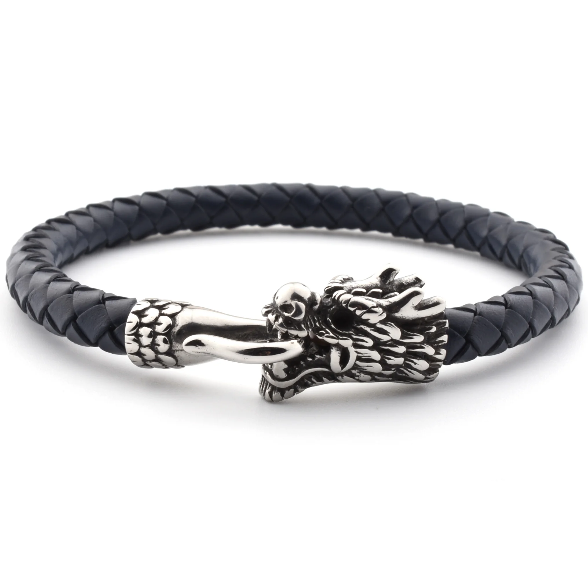 

Latest Design Wristband Cool Mens Bracelets Silver Chinese Dragon And Black Leather Bracelet