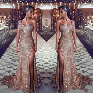 ZH0844Q 2019 New One Shoulder Mermaid Evening Prom Gown Sparkly Prom Dresses sexy Ruched Split Beaded Waistband Party Gowns