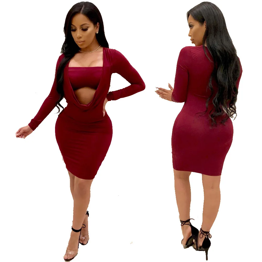 Hot Night Women's 2pcs Outfit Sexy Long Sleeve Bodycon Dress Wrapped With Tube Top Club Dress