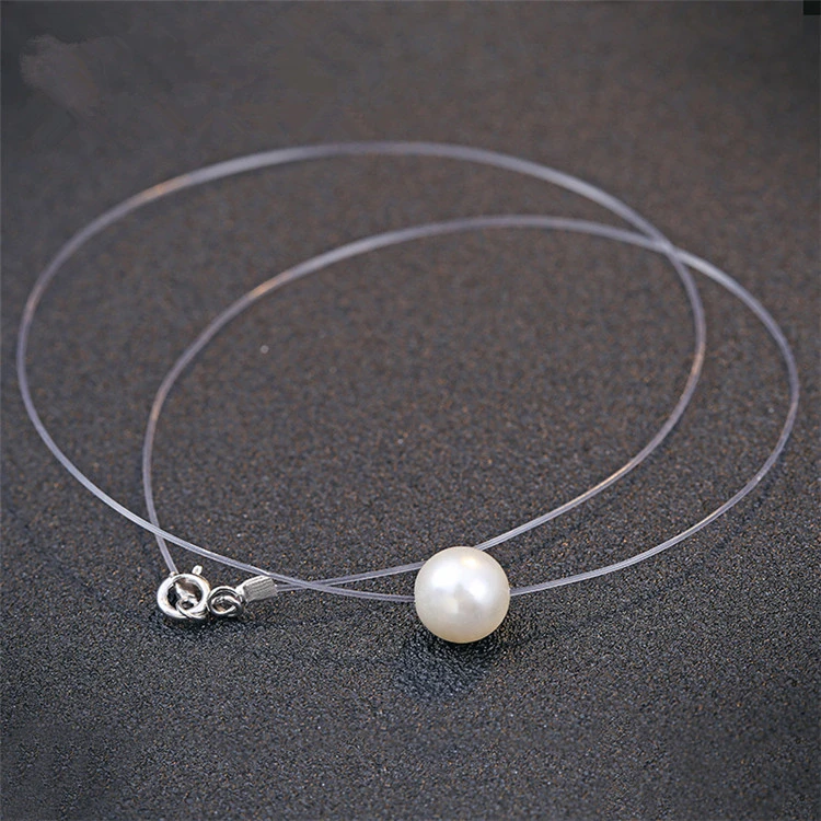 Infinite U Simple 925 Sterling Silver One Simulated Pearl Pendant Invisible Fishing Line Choker Necklace for Women/Girl