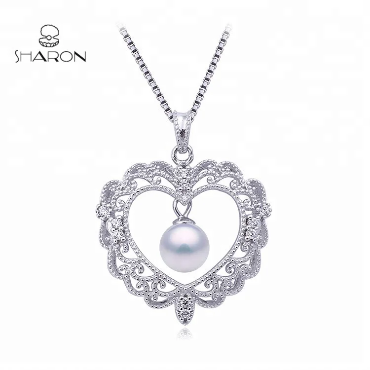 

2018 Wholesale 925 Sterling Silver Bridal Heart Shaped Charm Freshwater Pearl Pendant Necklace For Ladies, Picture