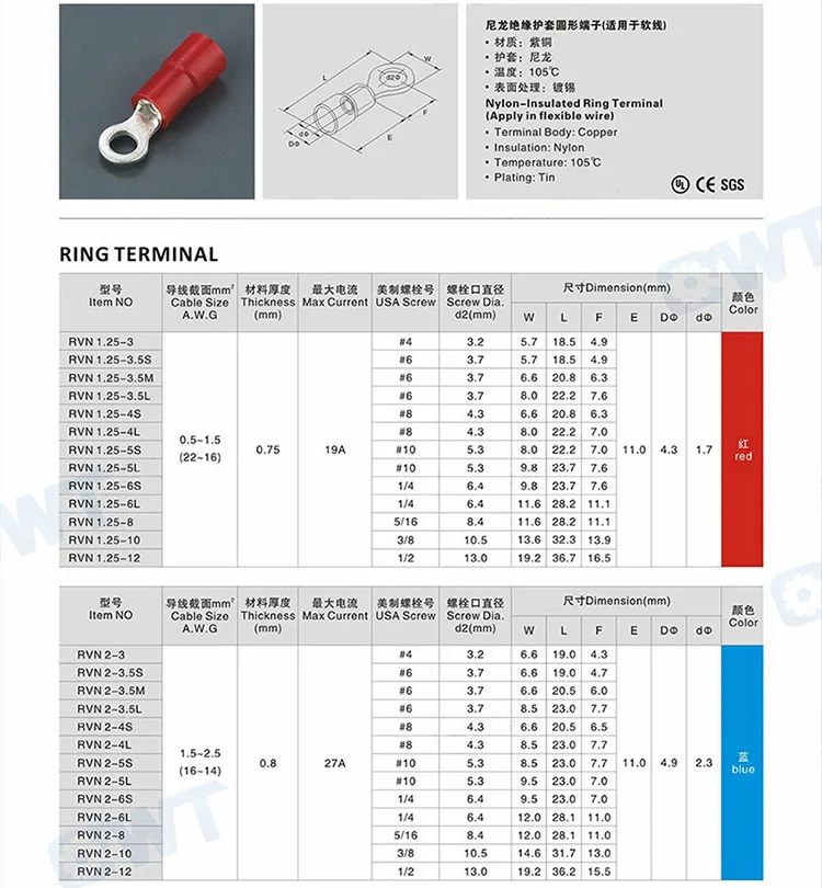 Terminales Para Cable,Qwt 4 Gauge 6mm 8mm Copper Tinned Insulated ...