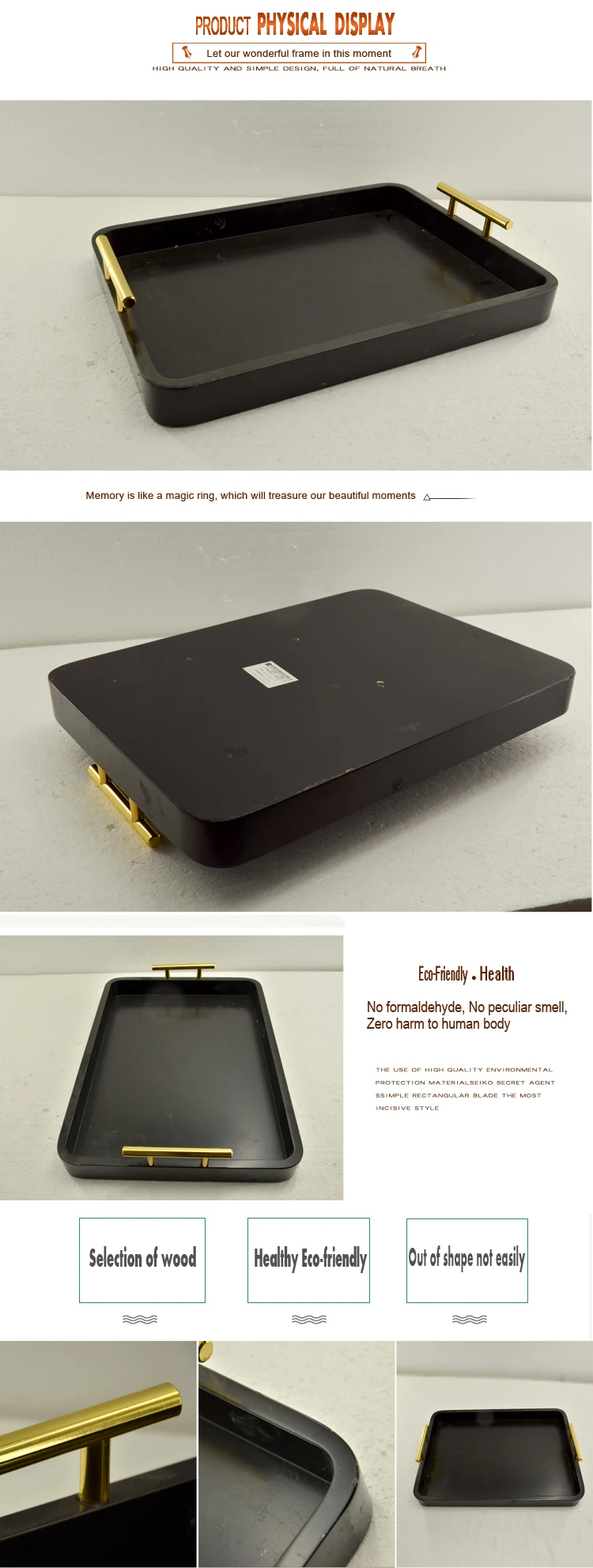 OEM print houseware custom rectangular black serving  wood armrest  long handle tray