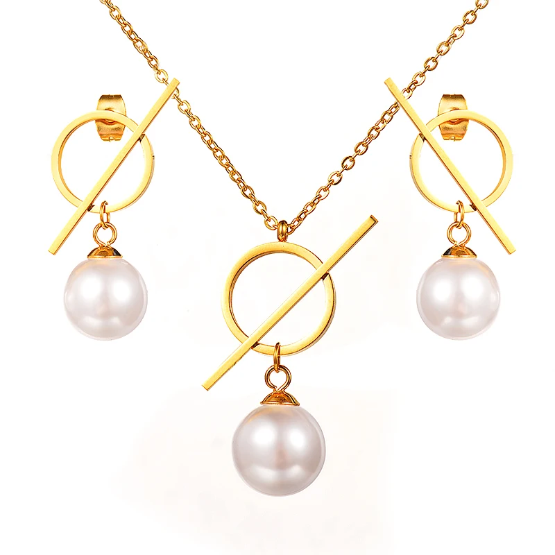 

BAOYAN Fashion Stainless Steel Big Imitation Pearl Wedding Jewelry Sets