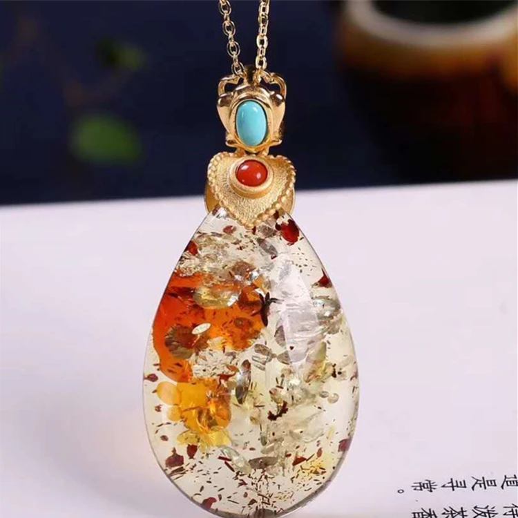 

SGARIT trendy amber jewelry 925 sterling silver 18k gold plating natural flower amber pendant necklace for women, Picture