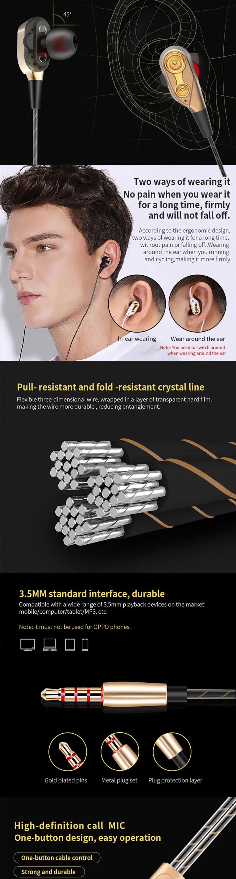 Eonline In-Ear Sport Headset With Mic mini Earbuds Earphones For iPhone Samsung Huawei Xiaomi Dual Drive Stereo Wired earphone