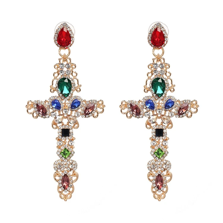 ER-188040 Pave Crystal Rhinestone Filigree Big Cross Drop Earrings Women