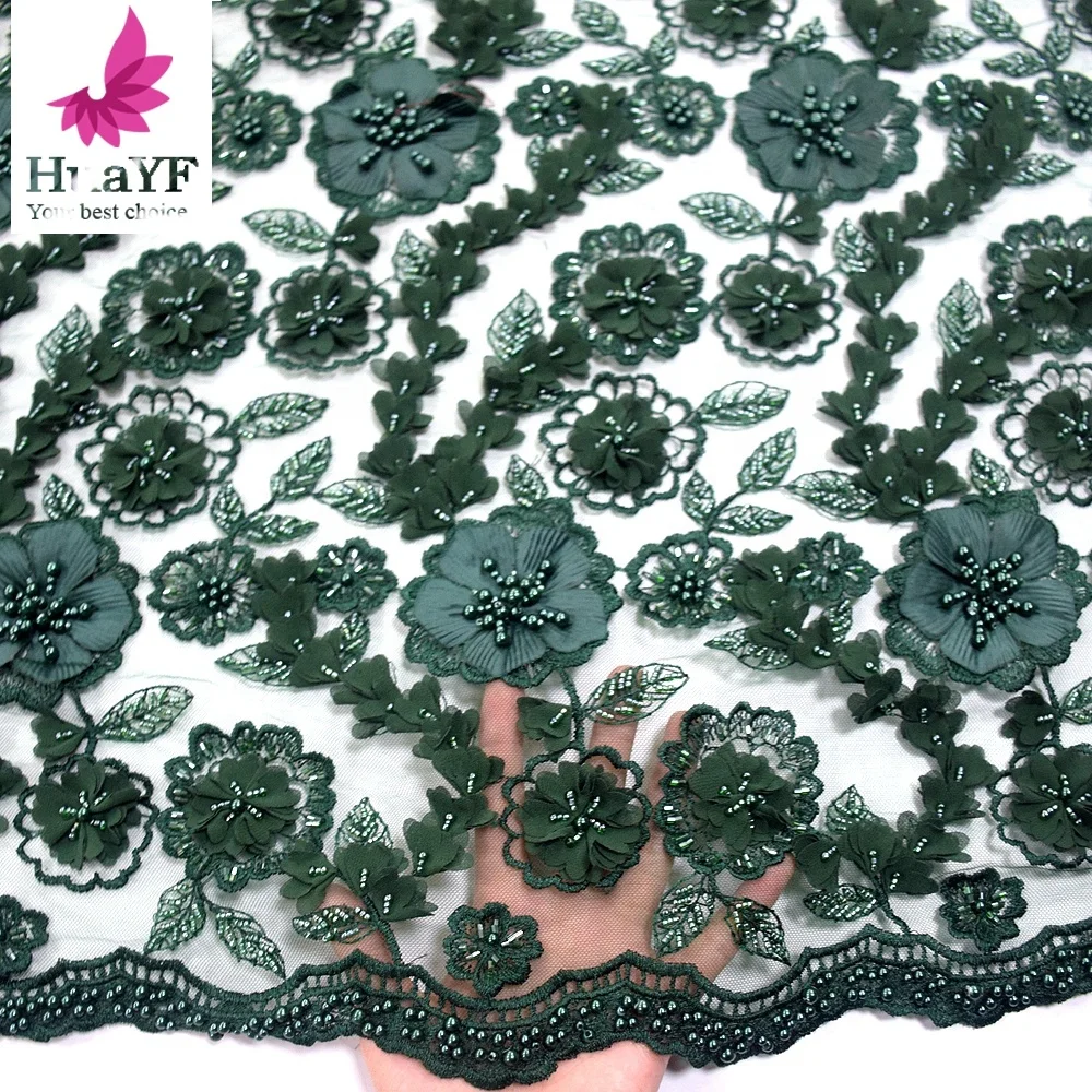 

Emerald green lace fabric with handwork beaded high quality 3d flower lace tulle embroidered fabric for new collection HY0787-4, As pic show