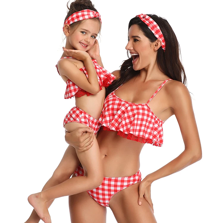 

Feelingirl 2019 Latest Style Pleated Lace Trim Design Plaid Low Waist Mother And Daughter Swimsuit