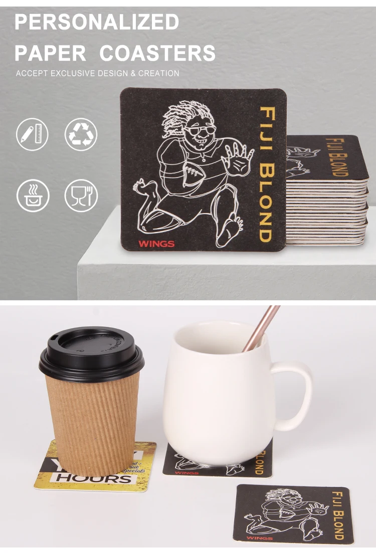 Square Absorbent Paper Cup Coaster/ Coffee Drink Paper Mat,Design Cardboard Paper Beer Coaster