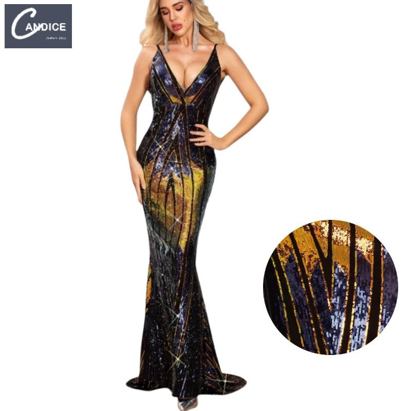 

Candice Haute couture deep V neck bodycon sequin ball gowns prom long halter backless party gowns for women evening dress