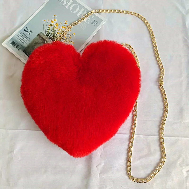 

Vintage Ladies Chain Bags Heart Shape Mini Purse Shoulder Messenger Bag Fluffy Fur Women PU Girls Fashion Canvas Single Pearl