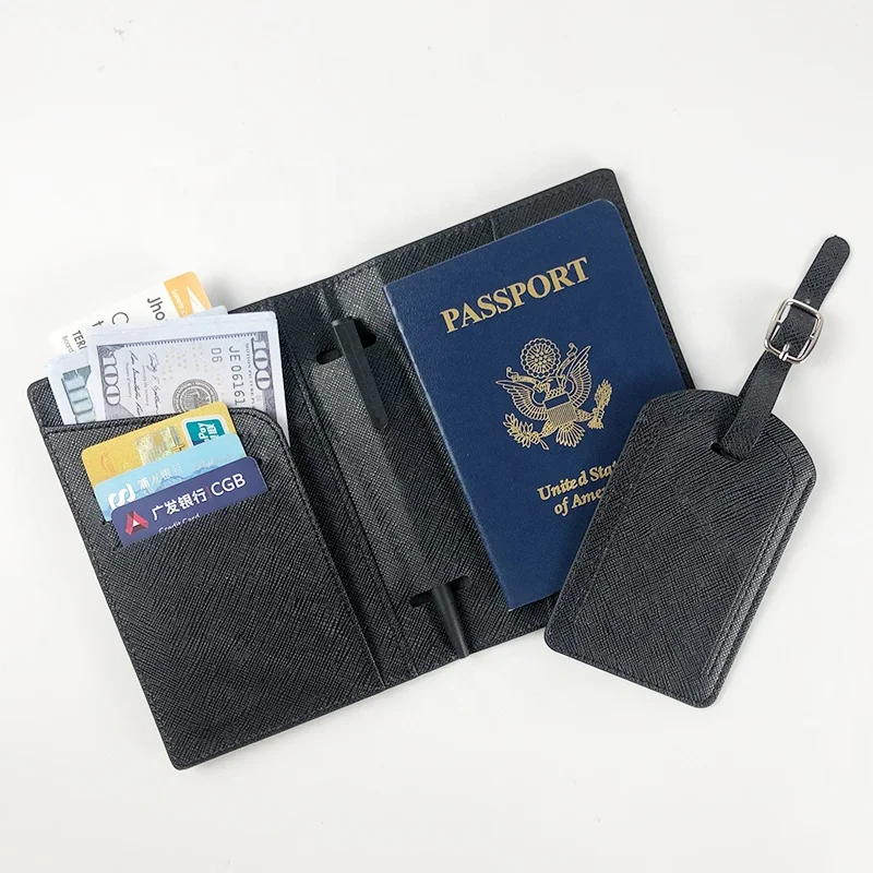 

Custom passport holder travel set personalized luggage tag Saffiano Pu Leather Travel Wallet Passport Holder