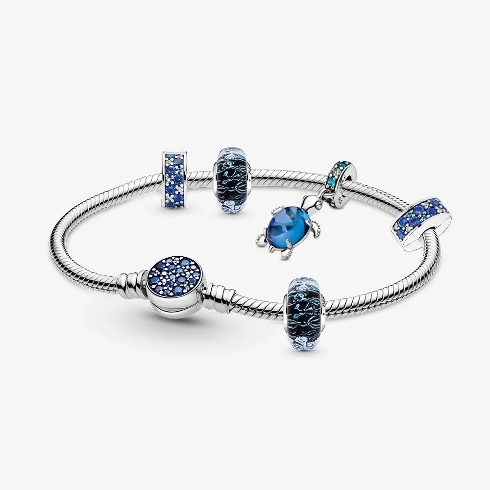 

Pandora 925 sterling silver Blue Disc Clasp Snake Chain with DIY ocean Pendant Charms Moment Bracelet gifts set making for women