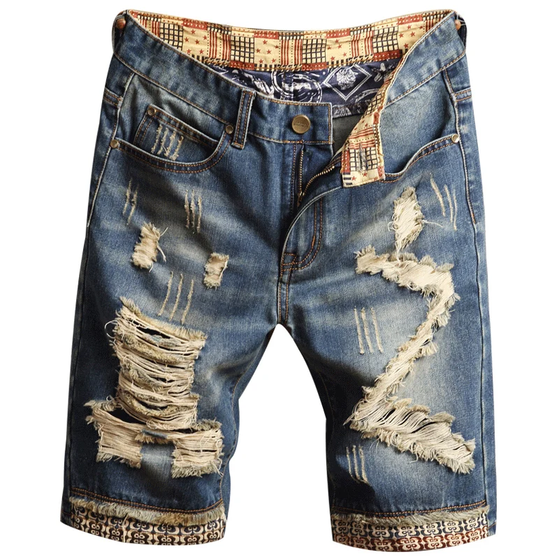 

2021 Summer Men New Ripped Loose Beggar Jeans Shorts Streetwear Man Straight Casual Beach Denim Shorts, Blue