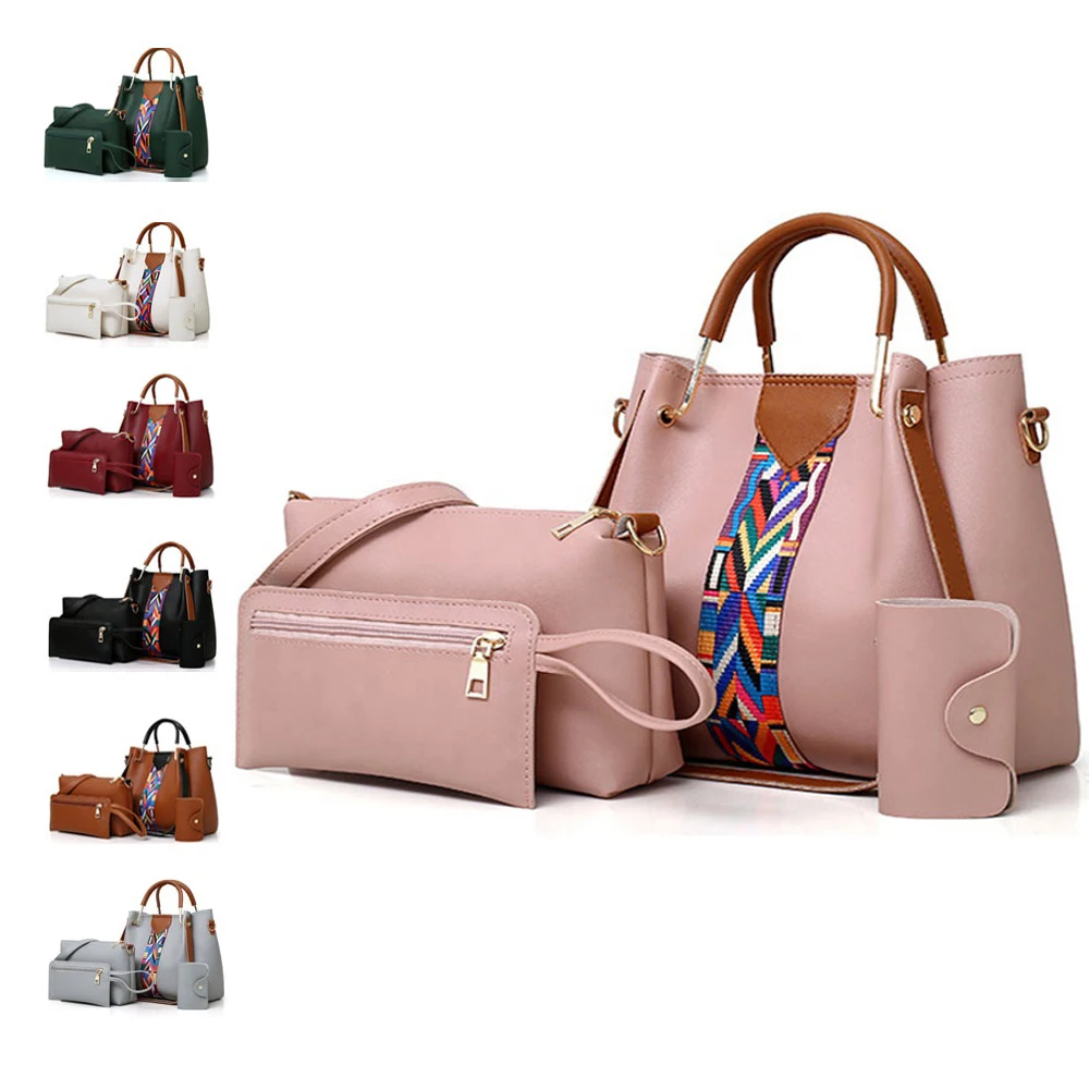 

2021 Ladies Fashion Leather Tote 4 In 1 Handbag Set Women Hand Bag Sets 4 Pieces Purse And Wallet Set, White, burgundy, light gray, green, black, pink, light brown