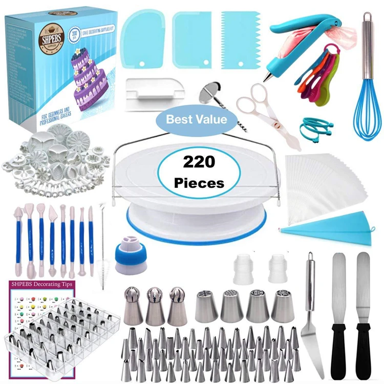 

220pcs Cake Decorating Tools Kit Turntable Set Cream Pastry Nozzles Icing Piping Nozzles Tips Bakeware Sets, As shown