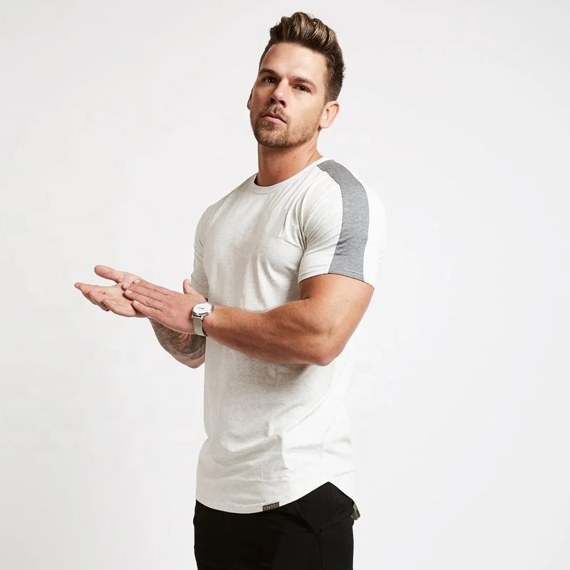 

2020 Summer man cotton gym shirt outdoor fitness sports short sleeves curved hem t-shirt, Khaki/black/white