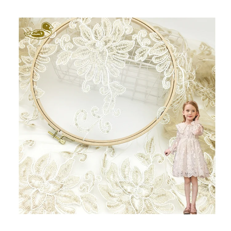 

Luxury French Bridal Tulle customized 3D flower design polyester golden embroidered sequin lace fabric, Accept customized