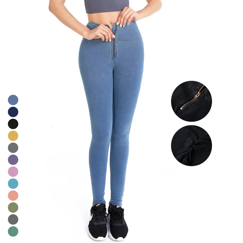 

2021 New Jeans Yoga Leggings Zipper High Waist Hip Denim Workout Trouser Tights Jeans Fitness Pants Sportswear Yoga Pants