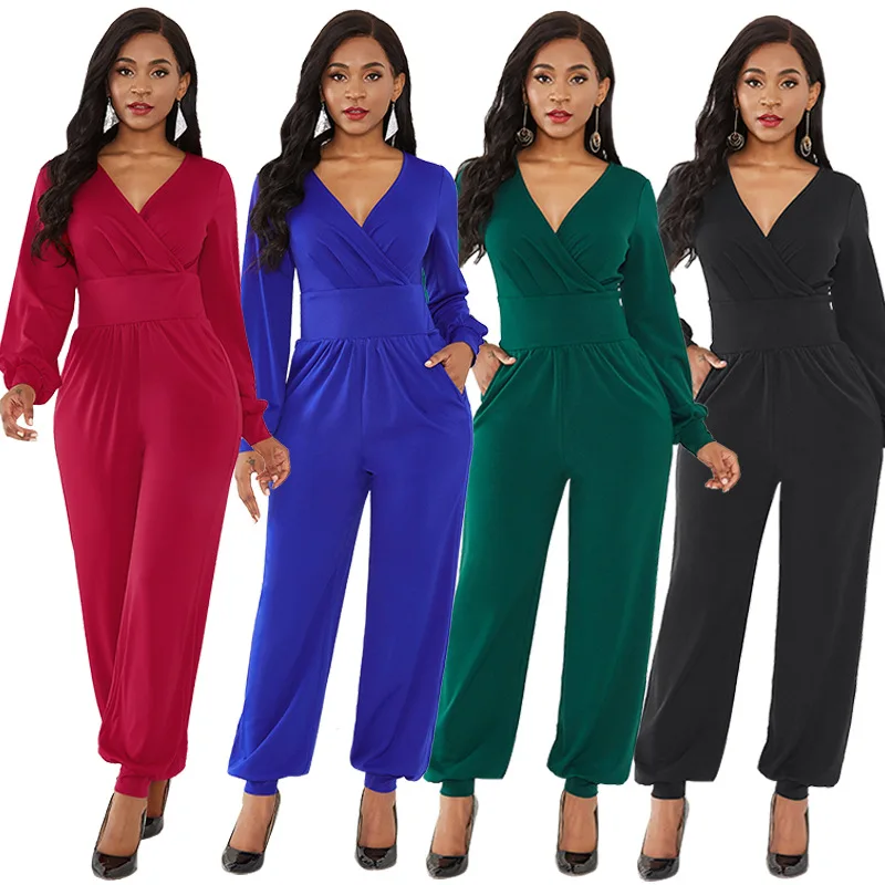 

Elegant High Neck Lantern Long Sleeve Autumn Solid Color Ladies Romper Wide Leg Fall One Piece Jumpsuits For Women 2021, 4 colors