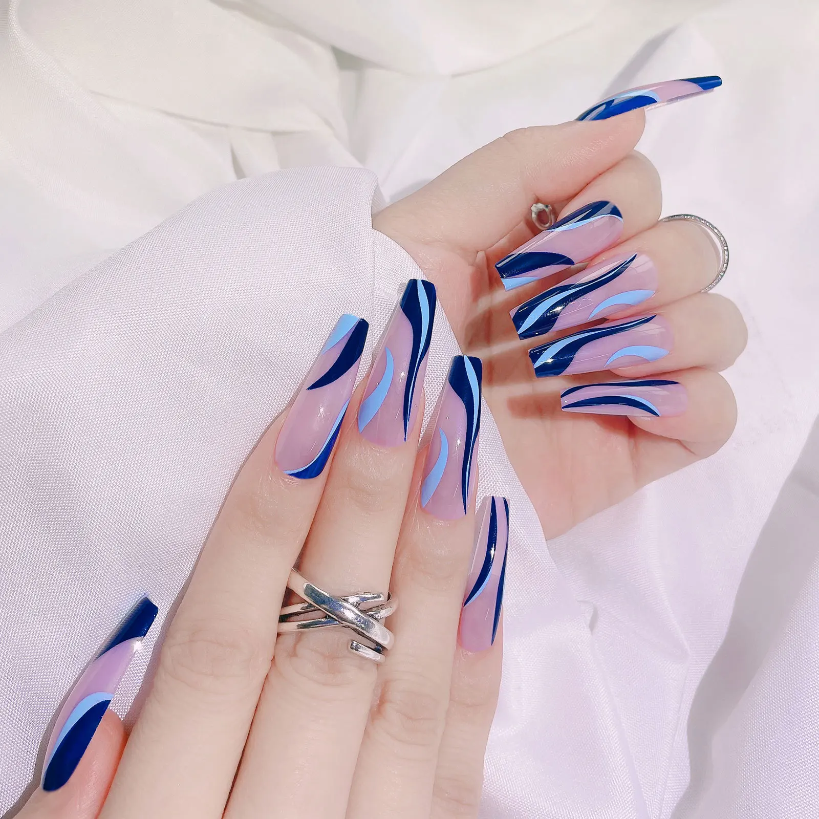 

24pcs press on nail pink false nail wave print long ballet nail detachable artificial fingernail