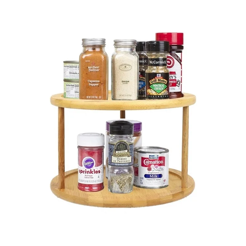 

Bamboo Kitchen Spice Rack,2 Tier Lazy Susan Turntable Desktop storage rack Swivel cosmetic stand, Natural