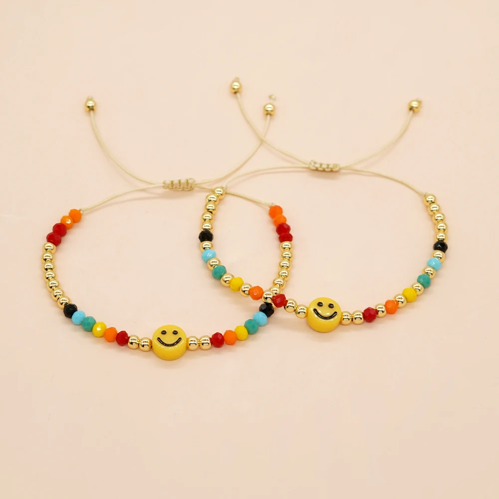 

Go2boho Bohemian Summer Colorful Crystal Bead Bracelet Smiley Face Charm Handmade Drawstring Fashion Jewelry Bracelets For Women