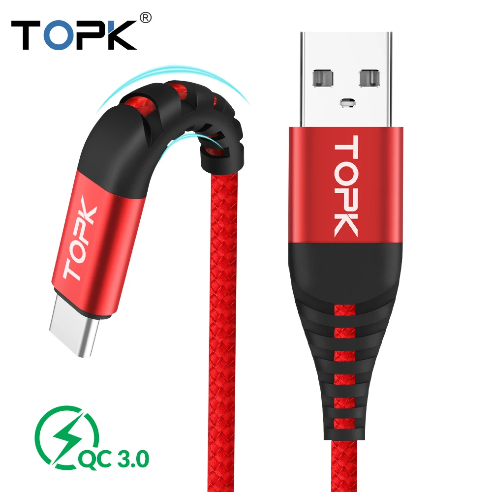 

Free Shipping AN42 TOPK 3A Nylon Weave Fast Charging Micro USB Type C Data Cable, Black / red