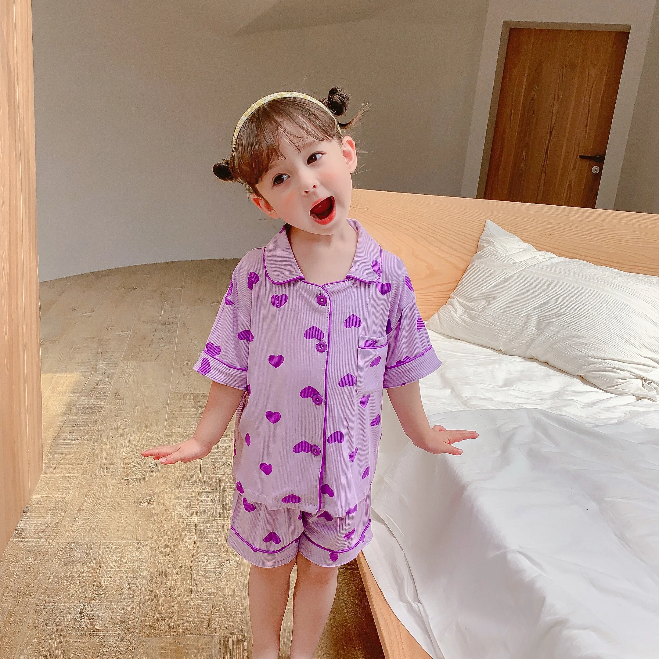 

children pajamas kids plain color ribbed cotton pajamas sets girls boys short sleeves sleepwear