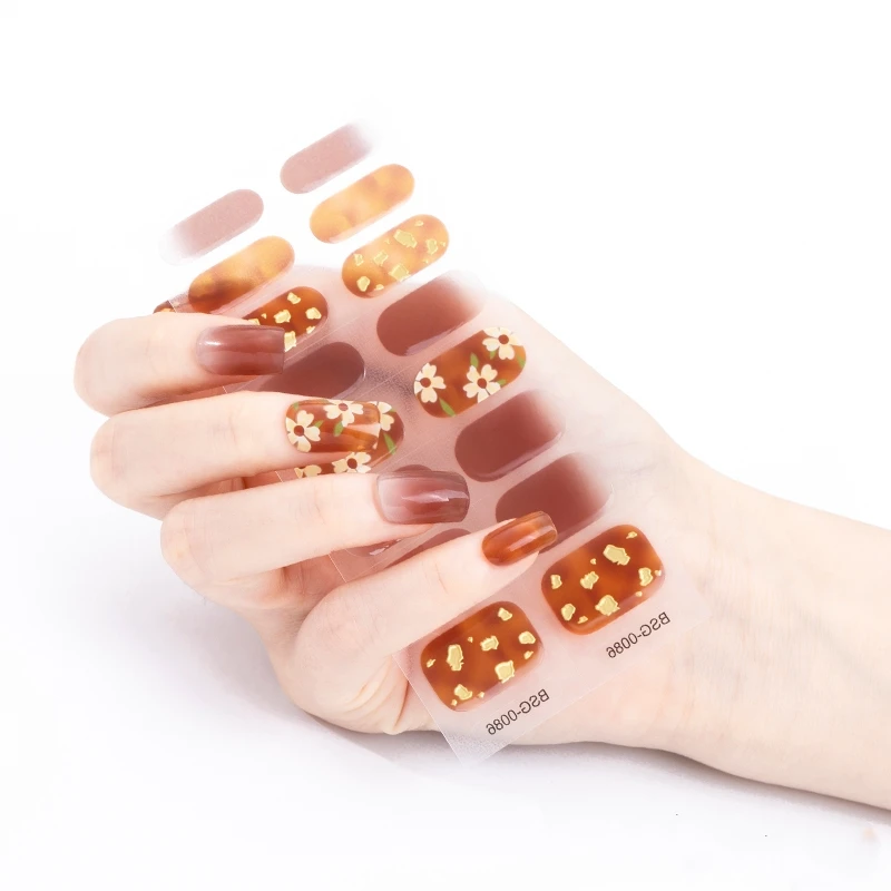 

Custom Private Label Brown Gold FLower Semi Cured Gel Nail Sticker Uv Nontoxic Nail Sliders With Profesional Package