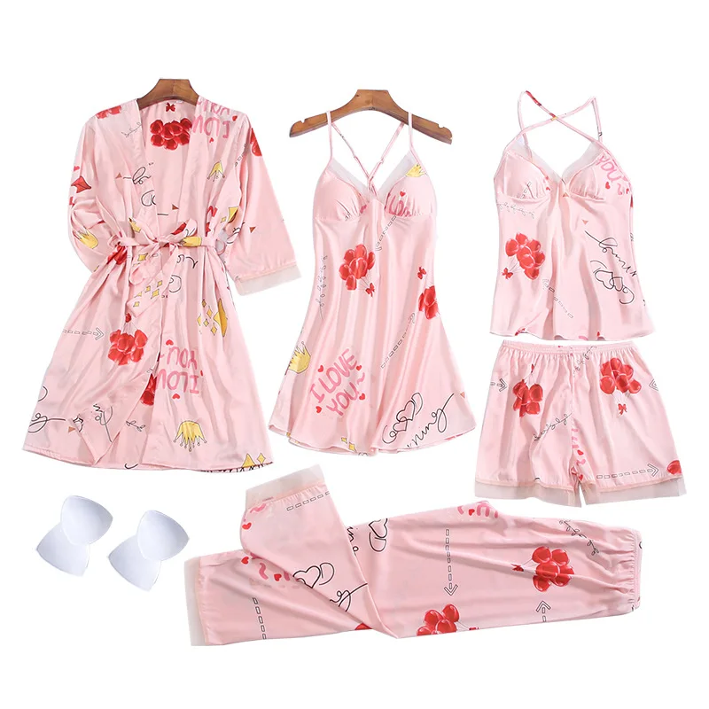 

2021 Factory Wholesale Womens Pajama 5 piece Sets Summer Viscose Nighty Women 39 s Sleepwear for Ladies Robes, Customized color