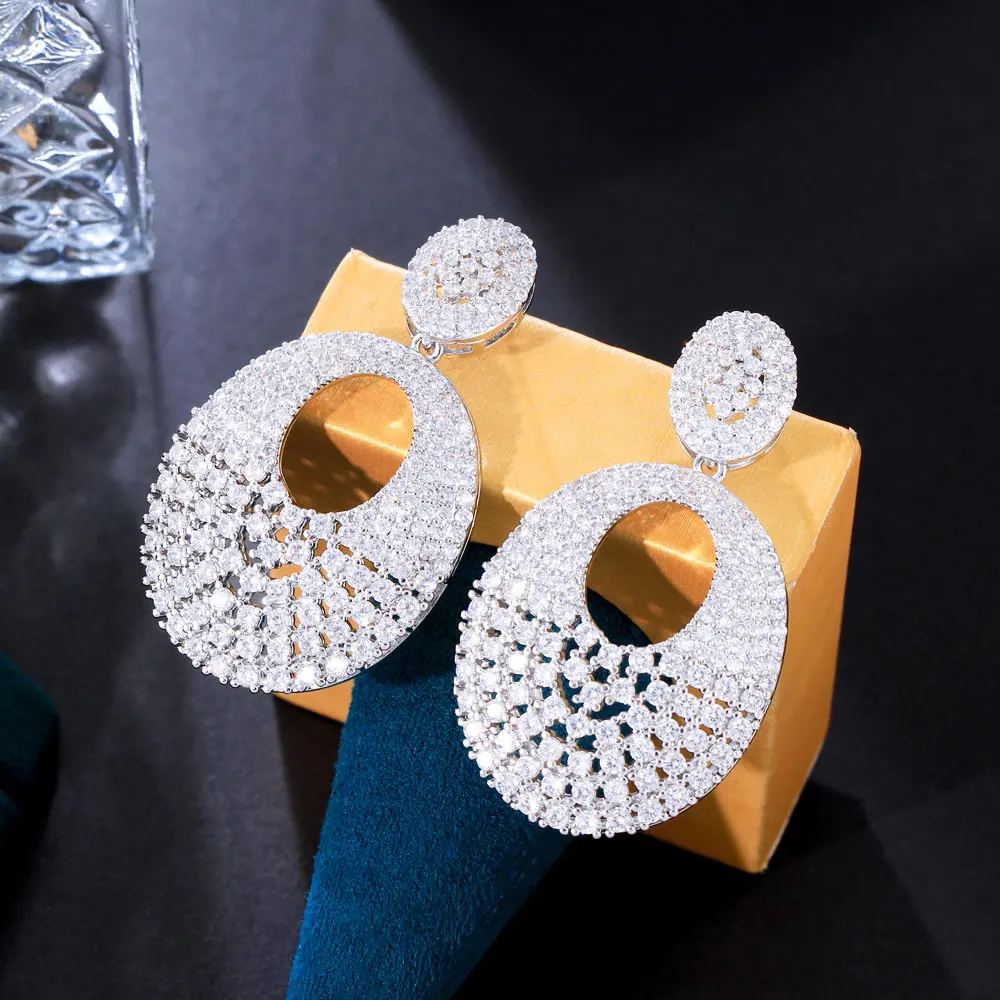 Bling White Cubic Zirconia Setting Nigerian African Big Round Dangle Drop Pageant Wedding Earrings for Women Jewelry Accessories