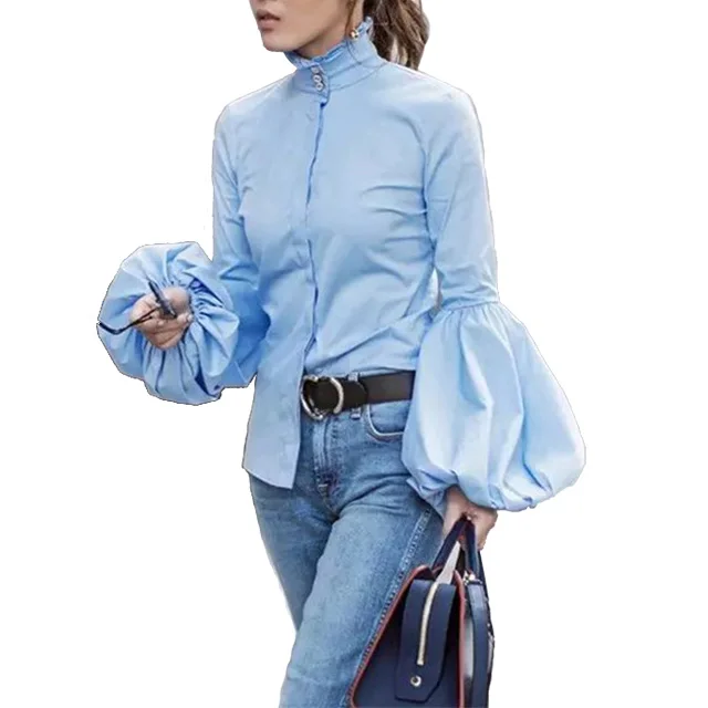 High Neck Fluted Sleeve Button T shirt Black High Neck Long Sleeve Elegant Women Top 2018 Autumn Slim Fit Crop T-Shirt New