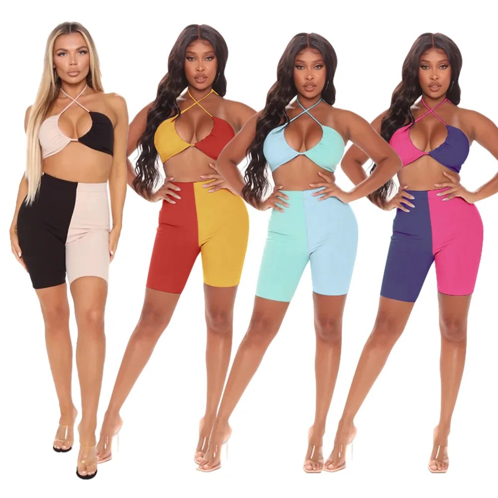 

women sexy club wear 2021 hot sale sexy casual bandage short two piece bra set women 2 peice short sets, Green and blue/black and khaki/orange and yellow/purple and rose red