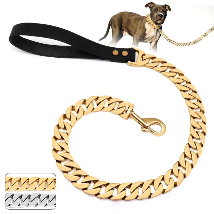 

dark dog leashes Hardware Gold Chain Pet Collars Luxury Custom Chain Choke Pitbull Stainless Steel Metal Strong Large Dog Collar, Gold plating