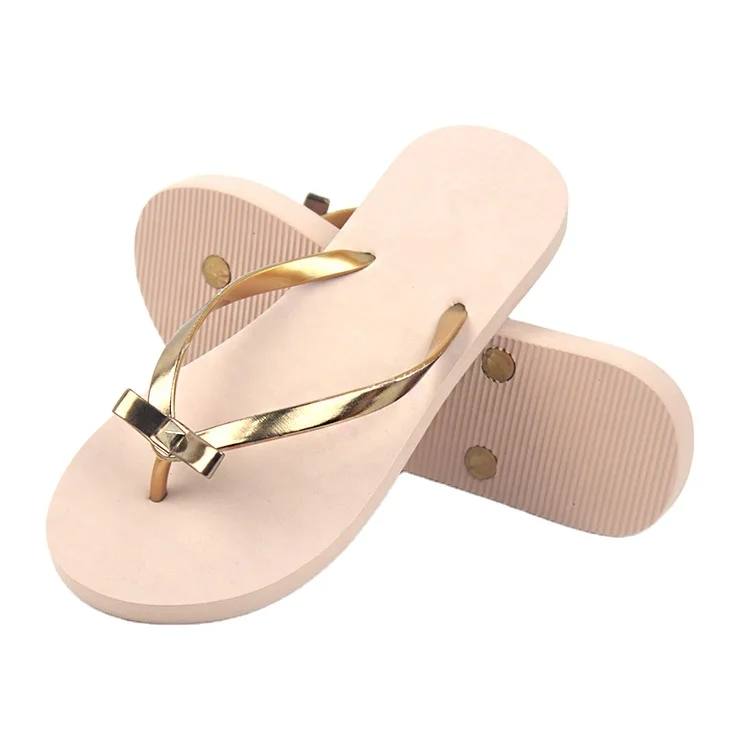 

wholesale Custom design Bowknot flip flops shiny gold Shoelaces summer beach slippers personality women shoes custom flip flops