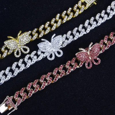 

12mm Wide Hip Hops Cubic Zirconia Butterfly Charm Cuban Chain Bracelets Crystal Butterfly Chunky Chain Bracelets