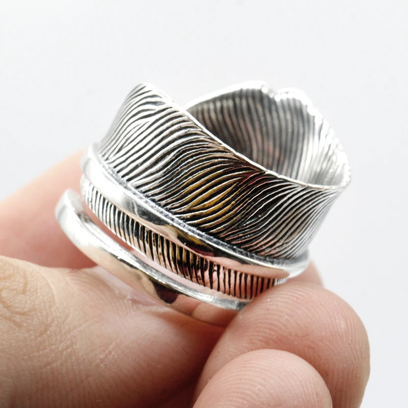 

Vintage Indian Feather Men Women Ring 925 Sterling Silver Adjustable Punk Finger Ring for Lovers Antique Silver Jewelry, White gold
