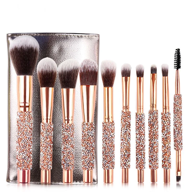 

Make your own label Rose golden Glitter makeup brushes 10pcs Shiny Crystal diamond foundation brush set with PU bag