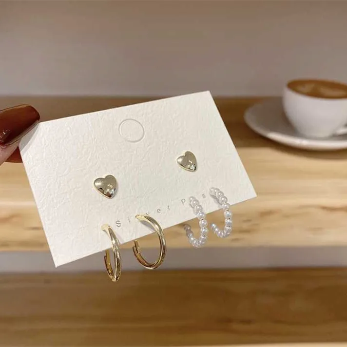 

Korean S925 silver post ins pearl western earrings women Personality heart 3-piece 18k gold plated set earrings for women