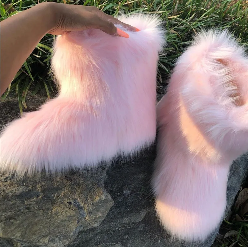 

Natural Platform Tall Fox Fur Shoes Ladies Snow Boots Thigh High Pink Fluffy Big Fur Boots Women, As pictures or customized color