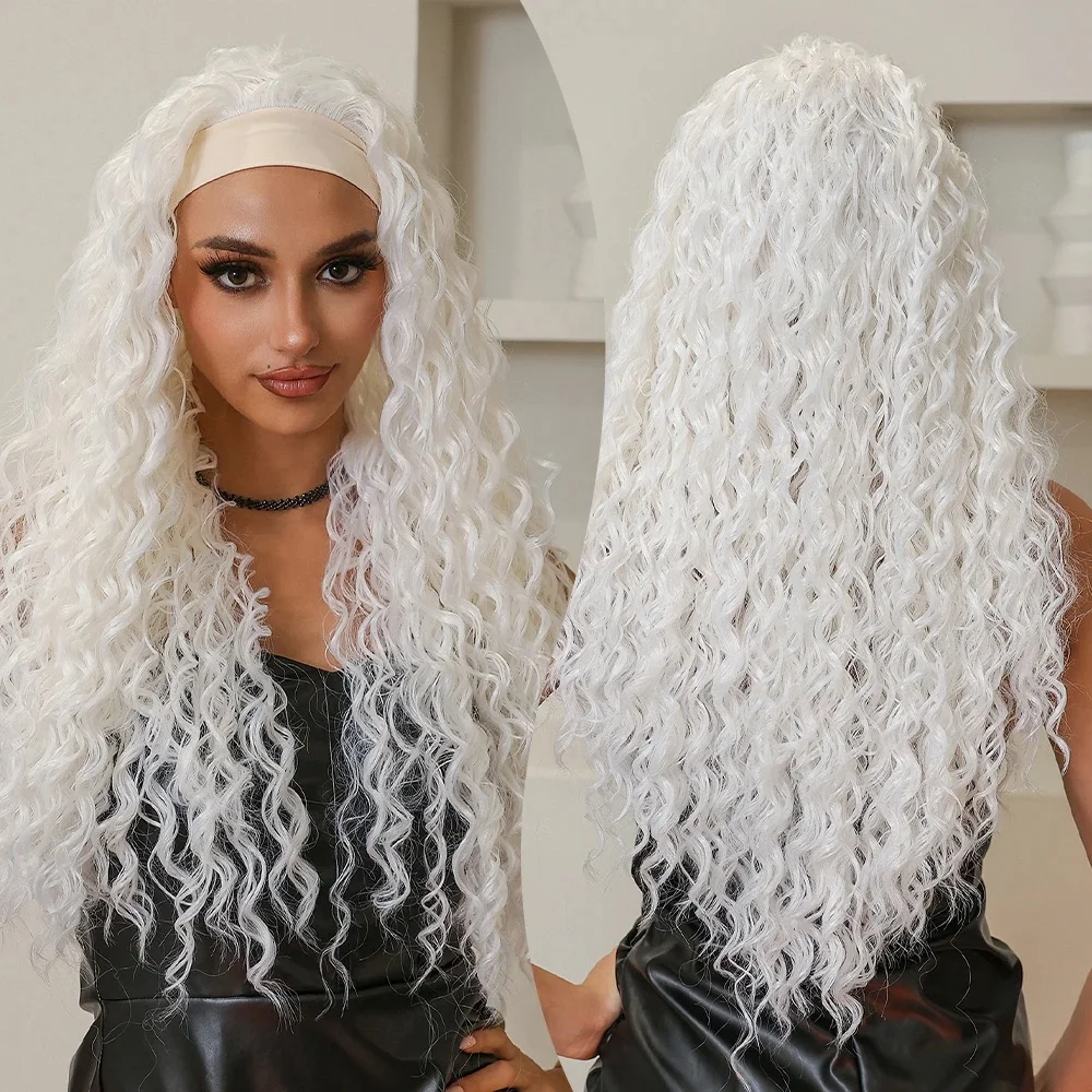 Pure White Long Wavy Curly Synthetic Hair Wig Women High Kinky Curly Headband Heat Resistant Clip Soft Comfortable Daily Use Wig
